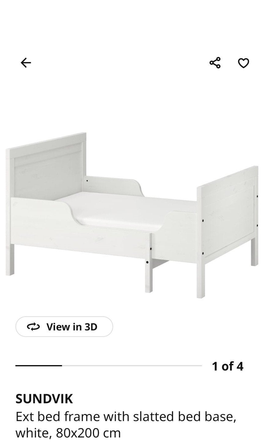 IKEA SUNDVIK Uitschuifbaar bedframe wit 80x200 cm, Ophalen, 180 cm of meer, 70 tot 85 cm, Lattenbodem