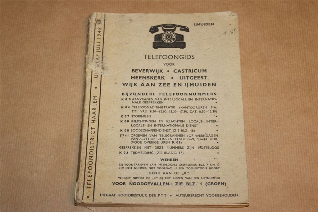 PTT Telefoongids Beverwijk en IJmuiden — Juli 1948, Ophalen of Verzenden, Gelezen