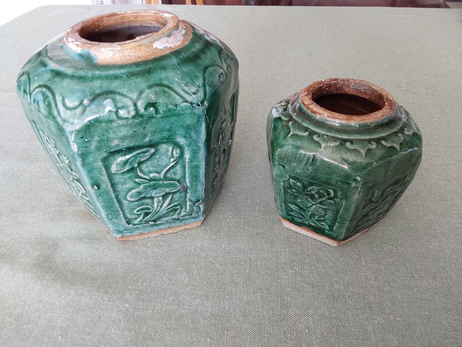 Antieke Chinese gemberpotten, groen geglazuurd, Ophalen of Verzenden