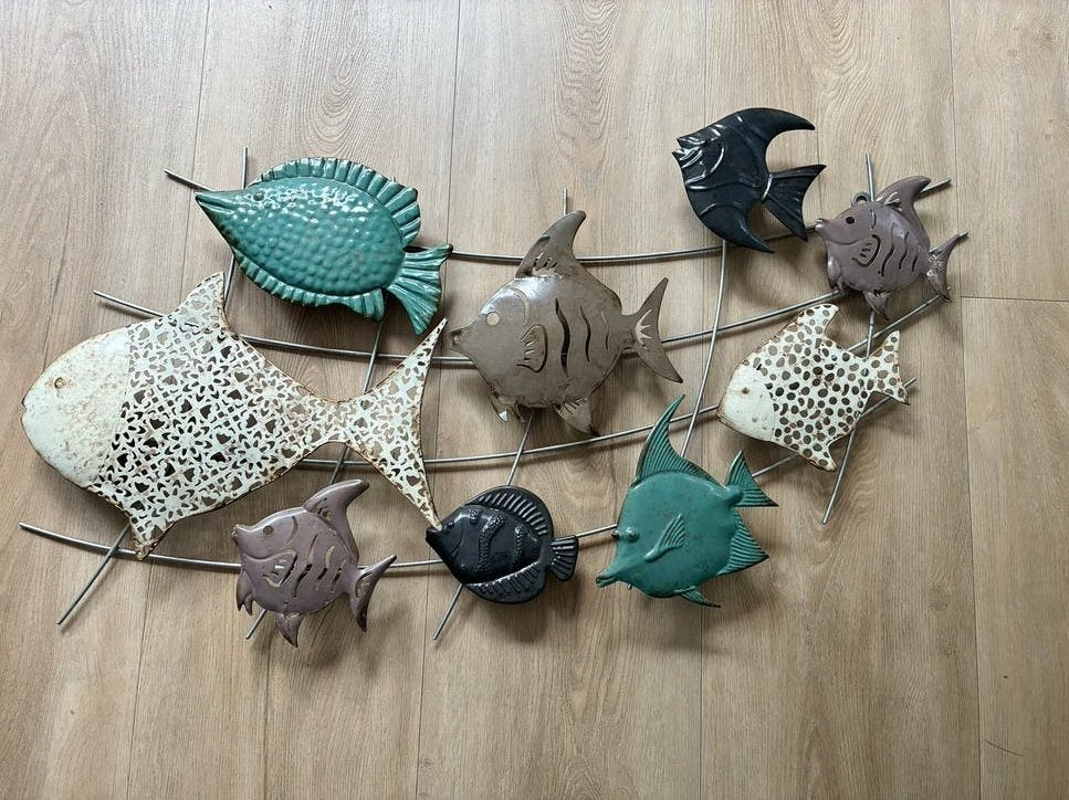 Metalen wanddecoratie vissen 98x54 cm - Diverse kleuren, Ophalen, Metaal, Wandsculptuur, Gebruikt