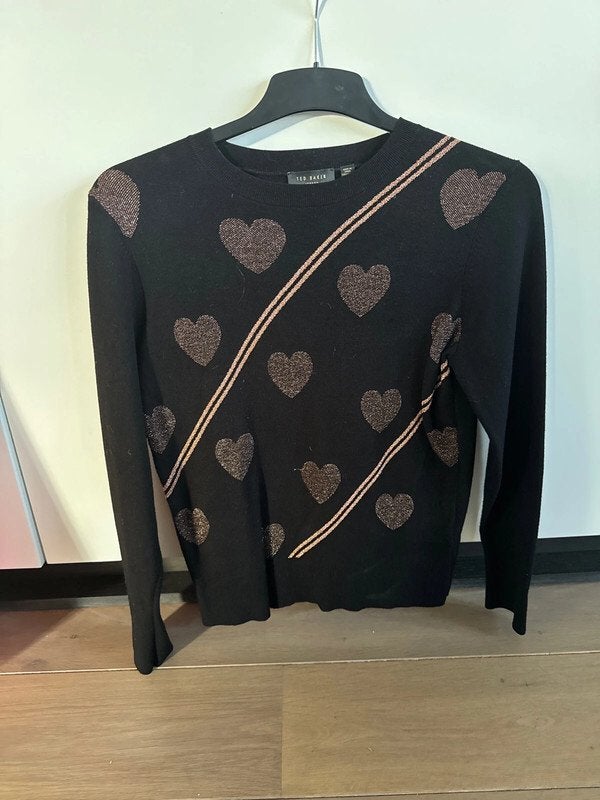 Ted Baker zachte trui zwart /gouden lurex hartjes T2=36/38, Verzenden, Zo goed als nieuw, Maat 38/40 (M), Meerkleurig