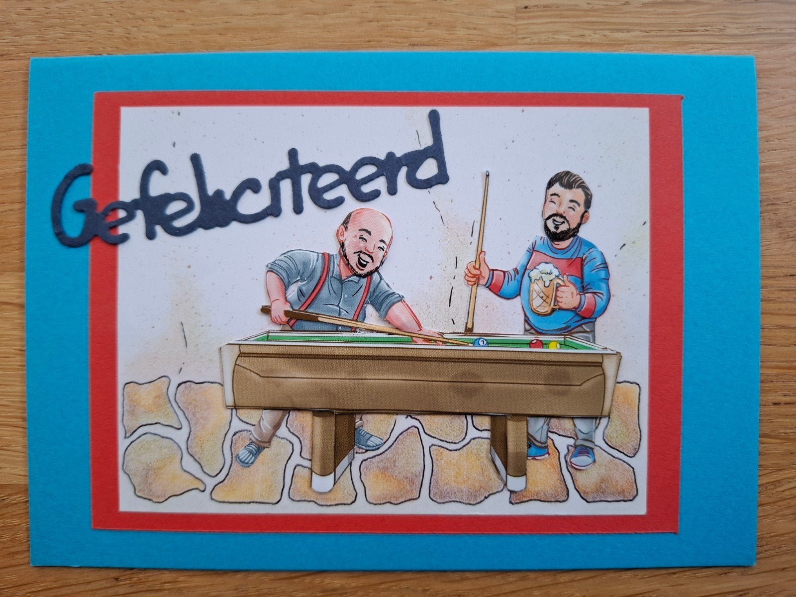 Zelfgemaakte felicitatiekaart met biljarten heren, Ophalen of Verzenden, Nieuw