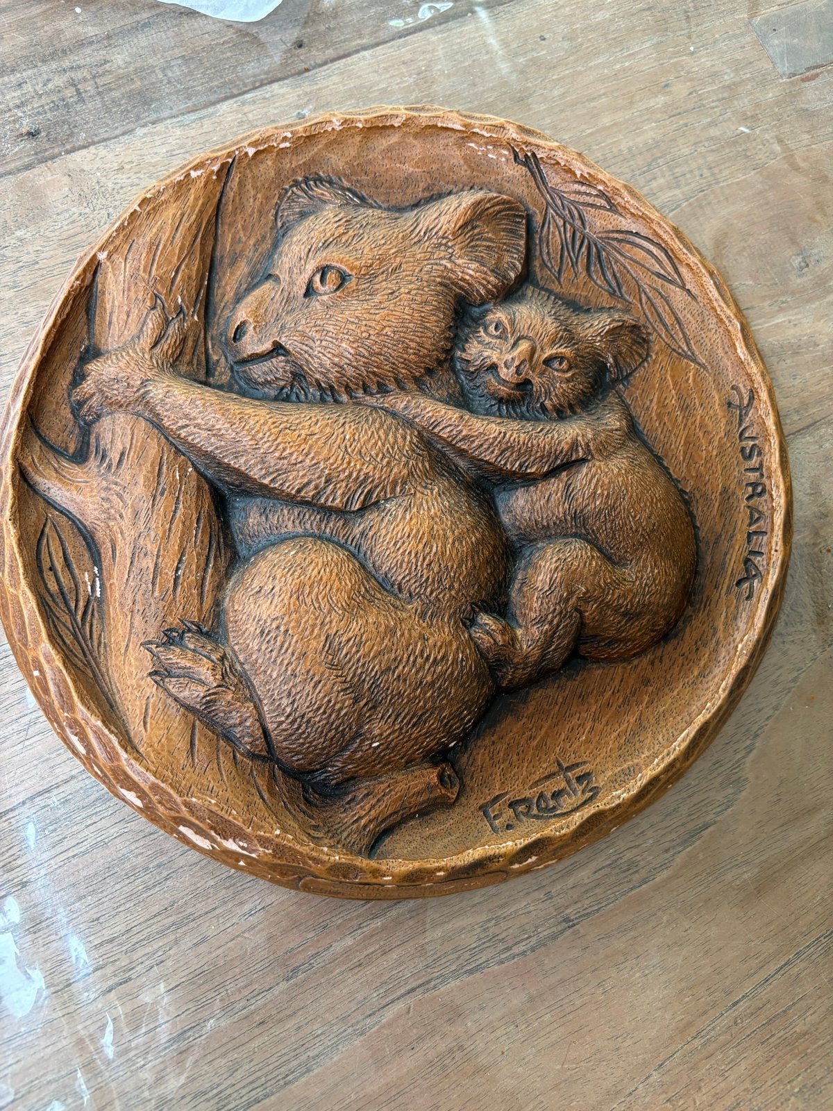 Vintage F. Rentz houtsnijwerk koala's - Wanddecoratie, Oceanië, Houtsnijwerk, Ophalen of Verzenden, Zoogdier