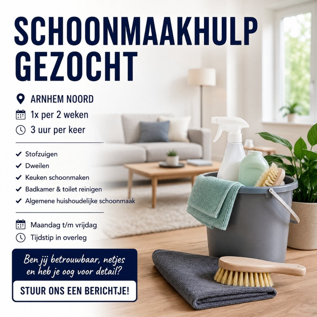 Gezocht: betrouwbare schoonmaakster – Arnhem Noord, Overige uren, Overige niveaus, Starter, Overige vormen