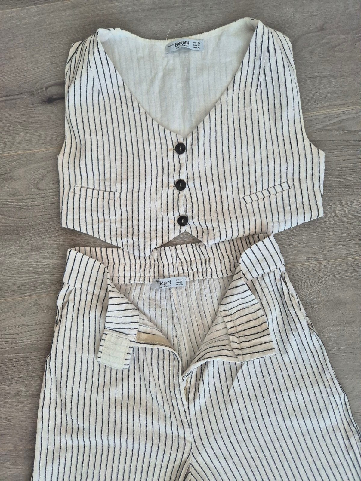 Gestreepte Linnen-look Co-ord Set (Gilet + Wijde Broek), Kleding | Dames, Jasjes, Kostuums en Pakken, Beige, Maat 42/44 (L), Ophalen of Verzenden