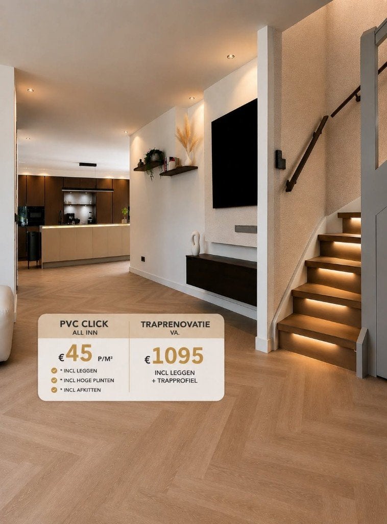 PVC click all inn 45 EUR p/m2  - Traprenovatie va. 1095 EUR, Ophalen of Verzenden, Nieuw, 75 m² of meer, Overige typen