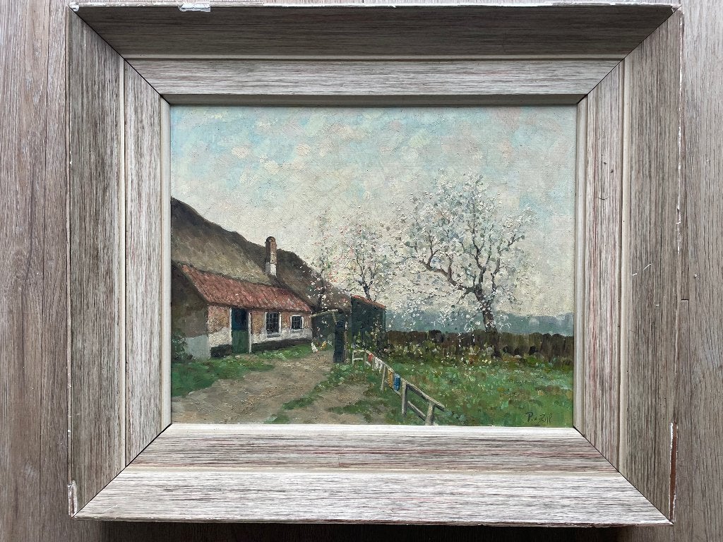 Boerderij met bloesembomen P. van Zijl, Landschap, Gesigneerd, Hout, Ophalen of Verzenden