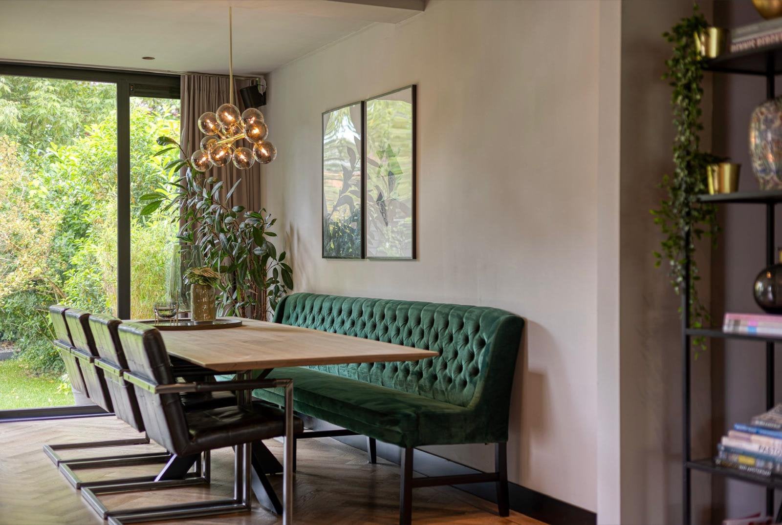 Groene velvet eettafel bank gecapitonneerd, Ophalen, Gebruikt, 75 tot 100 cm, Stof