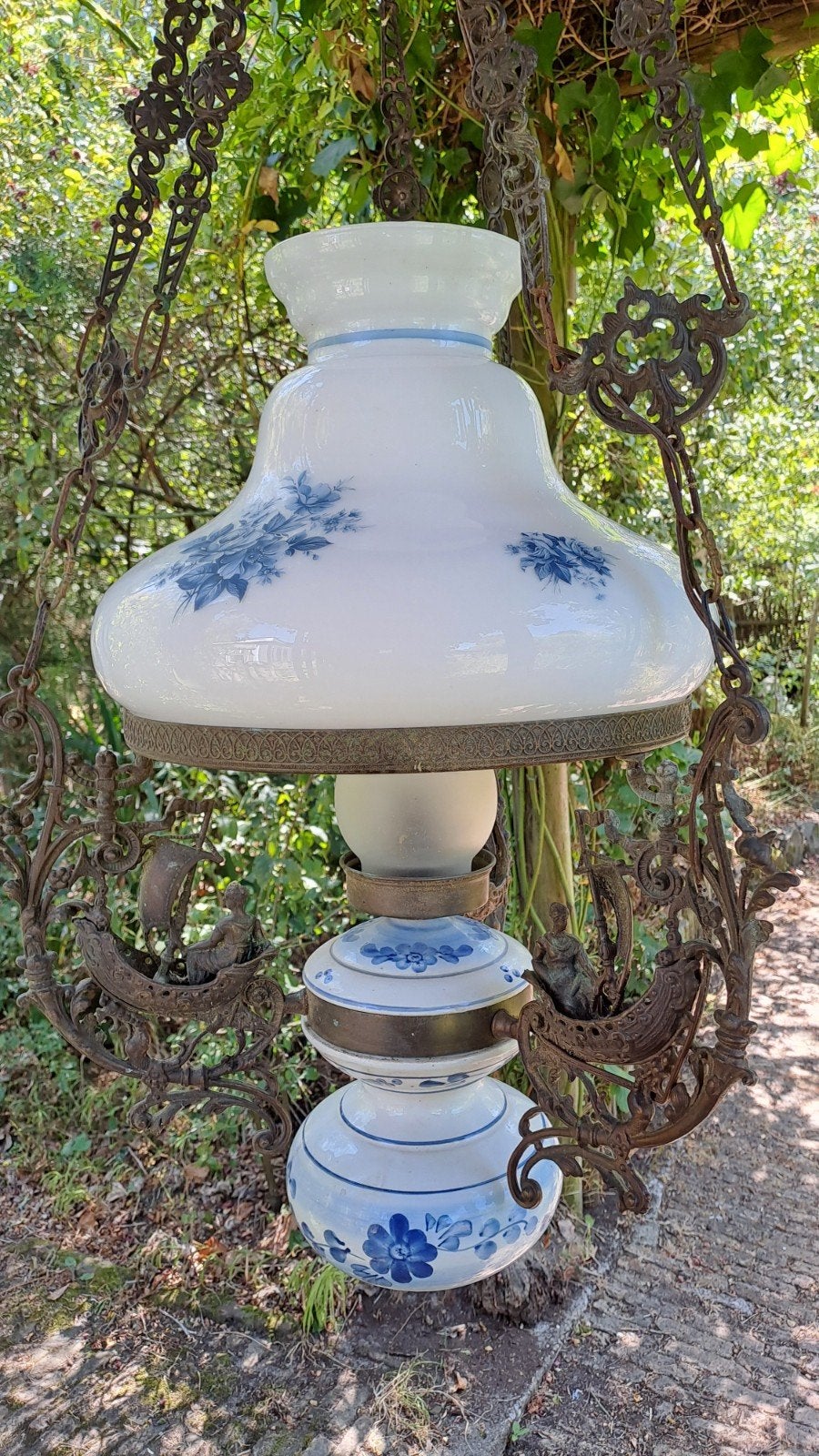 Antieke hanglamp met Delfts blauw decor en scheepsdetails, Ophalen