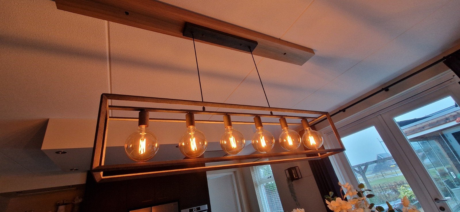 Grote industriele hanglamp met 6 Calexlampen, Ophalen, E27 (groot), Zo goed als nieuw, Metaal
