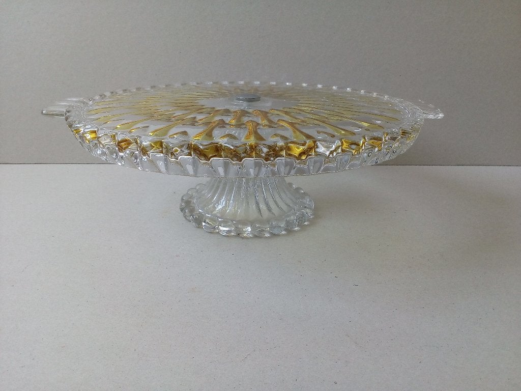 Art deco serveer(taart/vlaai)schotel op voet. Kristalglas, Ophalen of Verzenden