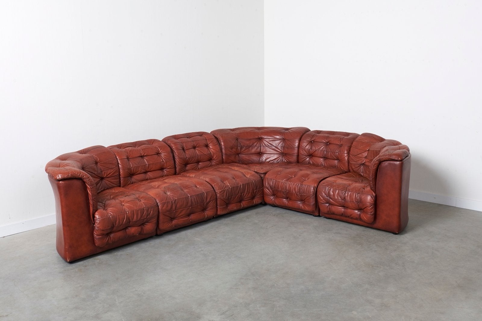 Vintage modulaire patchwork leren hoekbank jaren 60 design, Huis en Inrichting, Ophalen, Gebruikt, Vintage De Sede jaren 60 70 design bank sofa