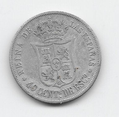 Spanje 40 centimos de escudo 1865 KM# 628.2, Verzenden, Overige landen, Losse munt, Zilver