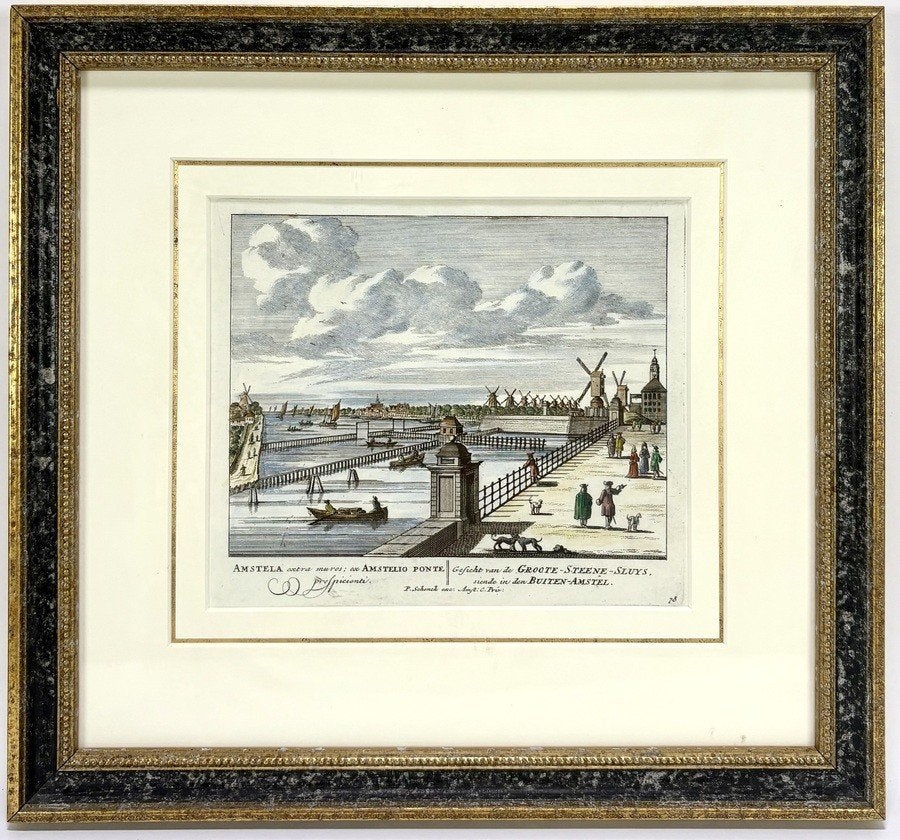 170. Pieter Schenk - Amsterdam, Groote Steen-Sluis, 17e eeuw, Ophalen, Stadsgezicht, 19 cm, Ingelijst