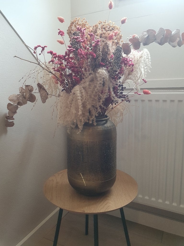 Droogbloem boeket met bronzen bak/vaas, Ophalen, Zo goed als nieuw