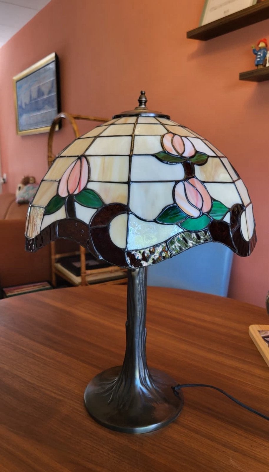 Tiffany stijl glas in lood tafel lamp, Ophalen, Zo goed als nieuw, Glas, Vintage