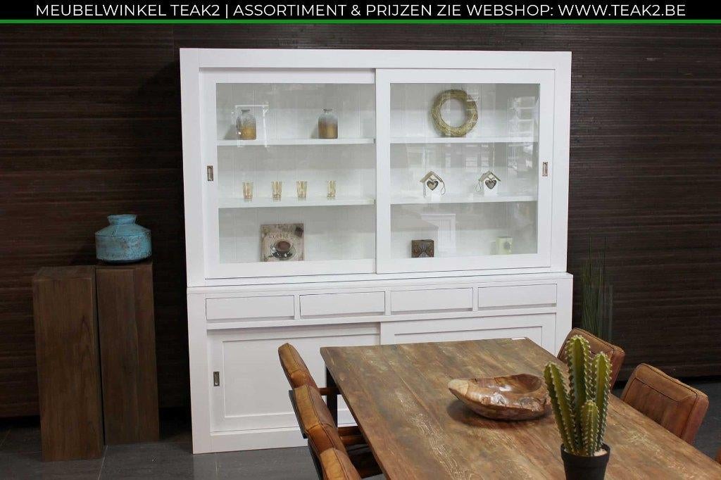 Nieuwe witte kasten - buffetkast en vitrinekast bij TEAK2, 200 cm of meer, Met klep(pen), Nieuw, Ophalen of Verzenden