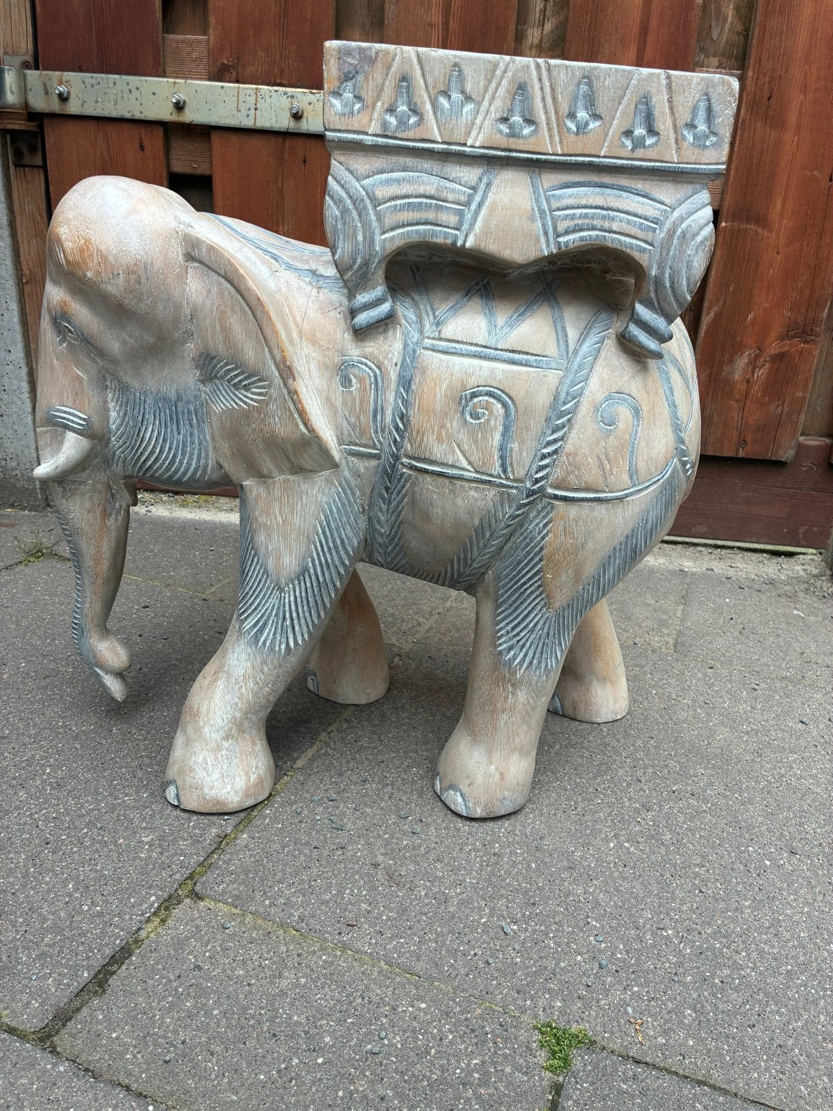 Houtsnijwerk olifant plantentafeltje - White wash, Ophalen, Hout, Gebruikt, Oosters
