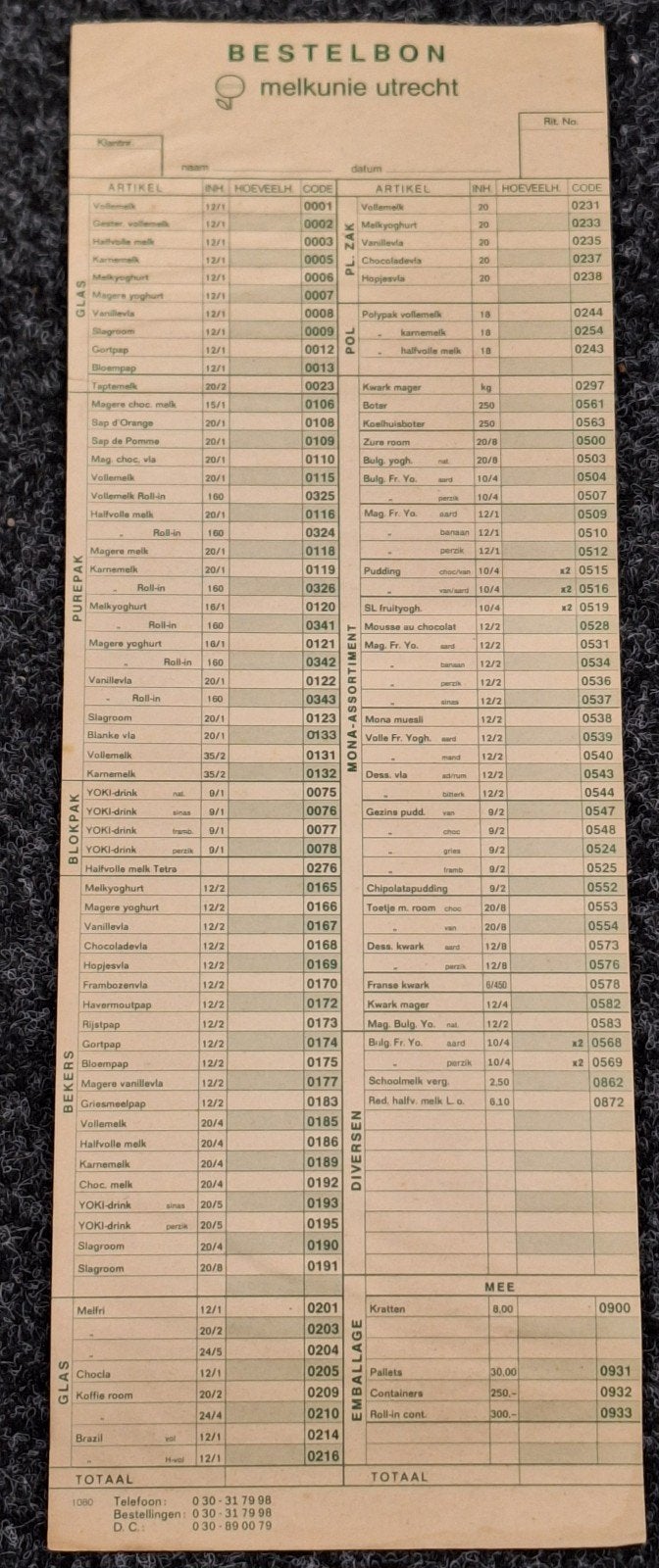 Bestelbon Melkunie Utrecht - Historisch Document, Verzenden, 1960 tot 1980, Nederland, Knipsel(s)