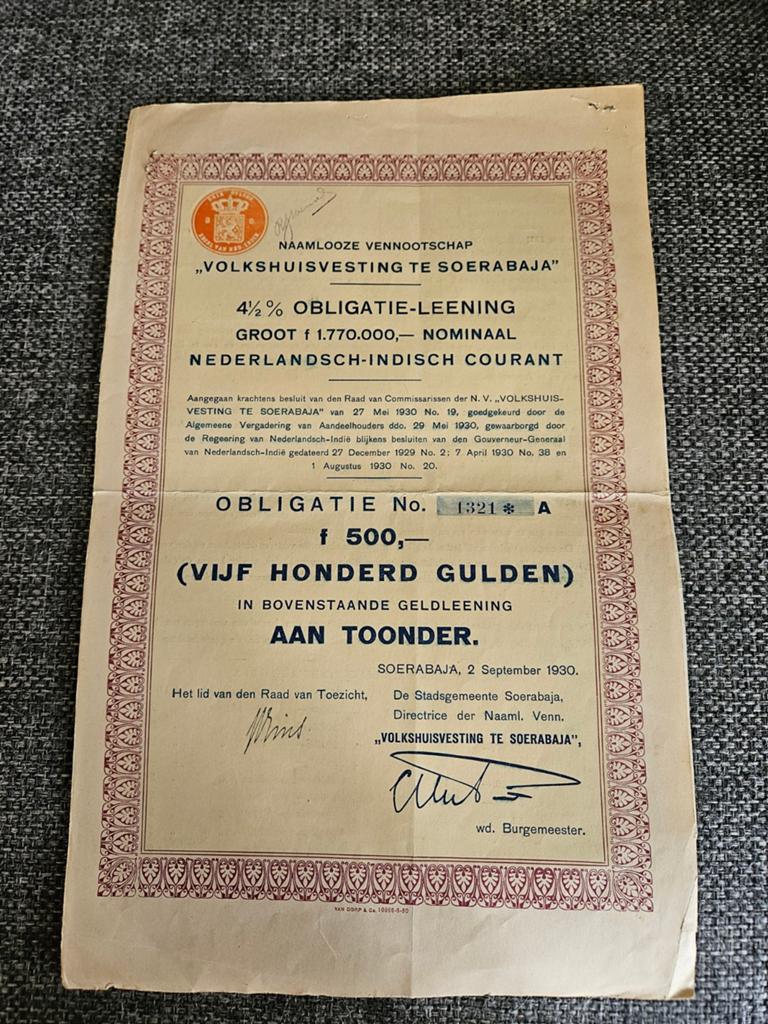 Obligatie Volkshuisvesting te Soerabaja 1930, Verzenden, 1920 tot 1950, Obligatie of Lening