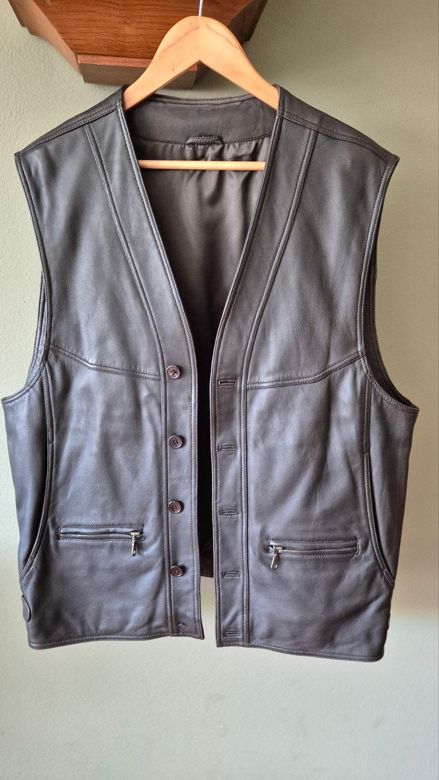 Zgan heren gevoerde echt leren gilet bruin mt 52, Maat 52/54 (L), Bruin, Vintage leren gilet, Ophalen of Verzenden