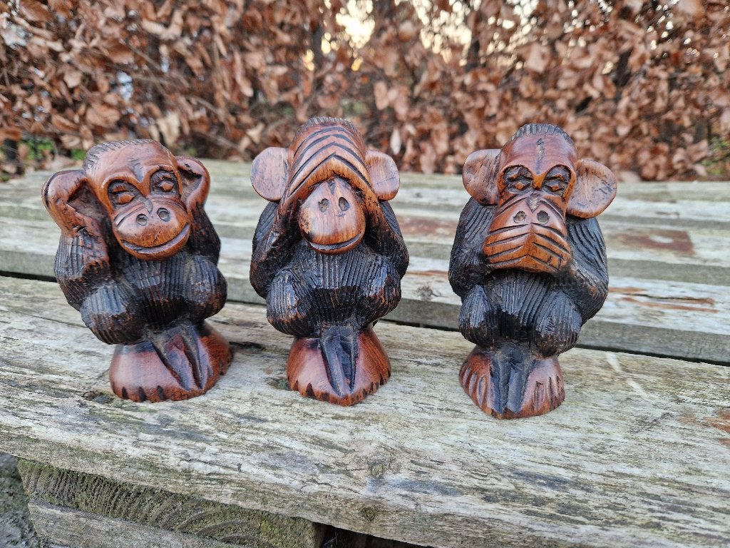 3 houten horen zien en zwijgen apen beelden, Antiek en Kunst, Ophalen of Verzenden, Beeld