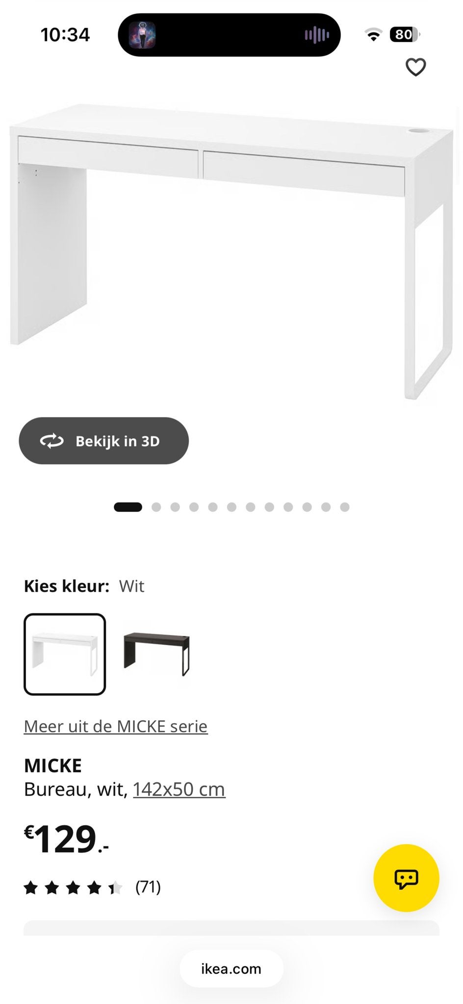IKEA MICKE Bureau Wit - 142x50 cm met 2 lades, Met lades, Spaanplaat of MDF, Ophalen of Verzenden, Zo goed als nieuw