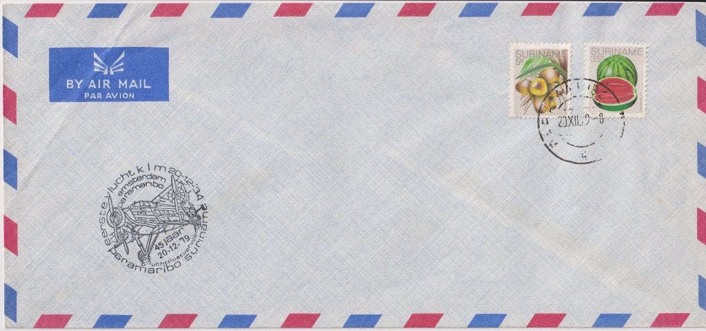 Suriname-A'dam 79 Lp 45 jaar 1e vlucht KLM vliegtuig Vrucht, Postzegels en Munten, Verzenden, Envelop