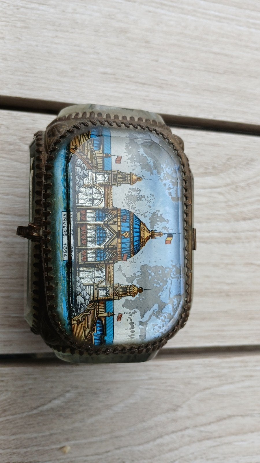 Antieke bronzen juwelendoos met geslepen glas, ca. 1890, Ophalen of Verzenden
