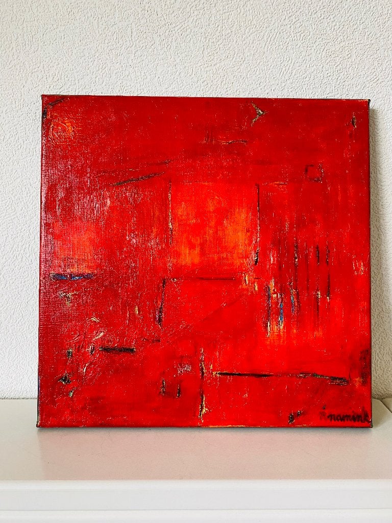 Rood abstract schilderij 40x40 cm olieverf, Minder dan 50 cm, Oorspronkelijke maker, Nieuw, Ophalen of Verzenden