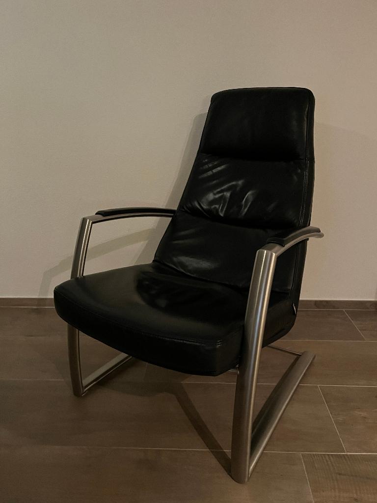 Fauteuil zwart leer RVS Topform, Ophalen, Gebruikt, Minder dan 75 cm, Leer