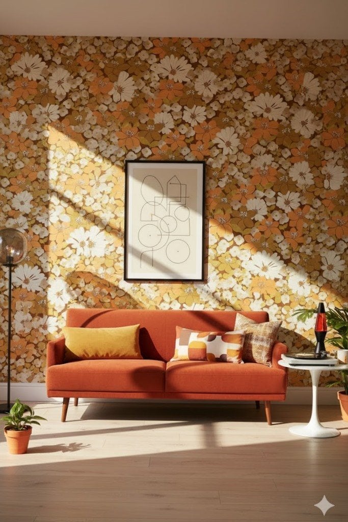 6977 oranje wit bloemen vintage behang  retro sfeer swiet, Verzenden, Bruin