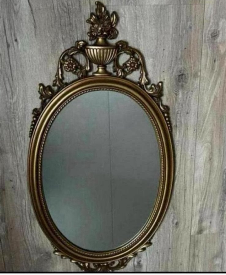 Vintage art deco ovaalvormige spiegel goudkleurig, Ophalen, Minder dan 50 cm, Zo goed als nieuw, Minder dan 100 cm