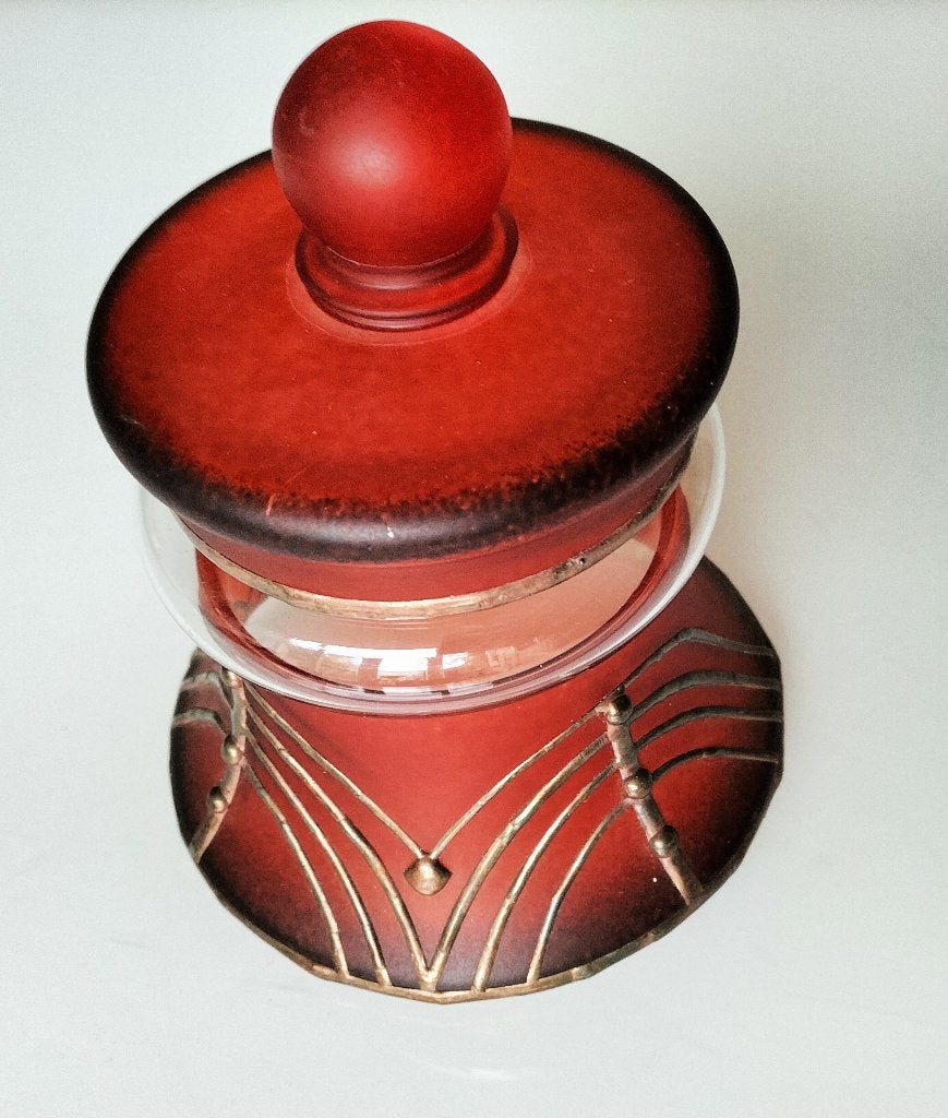 Art Deco Glazen Dekselpot met metalen ornamenten, Ophalen of Verzenden