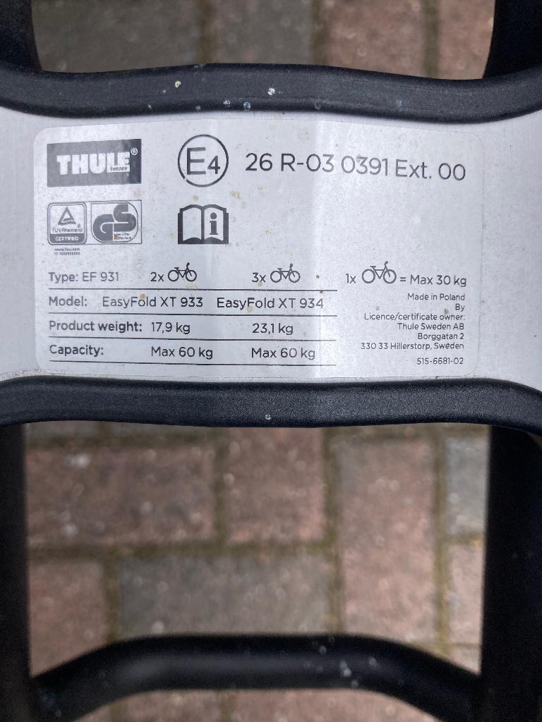 Thule easyfold 931 fietsendrager, Auto diversen, Fietsendragers, Ophalen, Elektrische fiets, Zo goed als nieuw, 2 fietsen