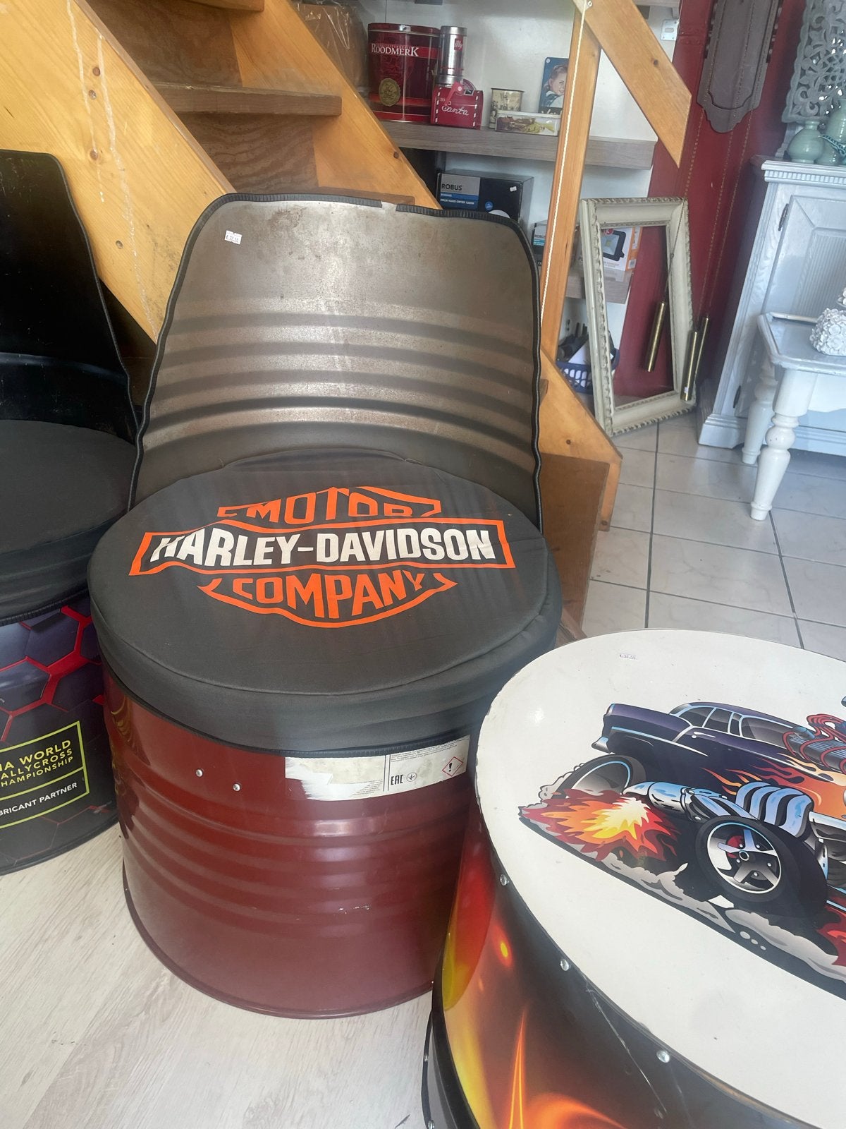 Harley-Davidson Olievat Stoel - Uniek Design, Huis en Inrichting, Stoelen, Gebruikt, Eén, Metaal, Overige kleuren, Ophalen