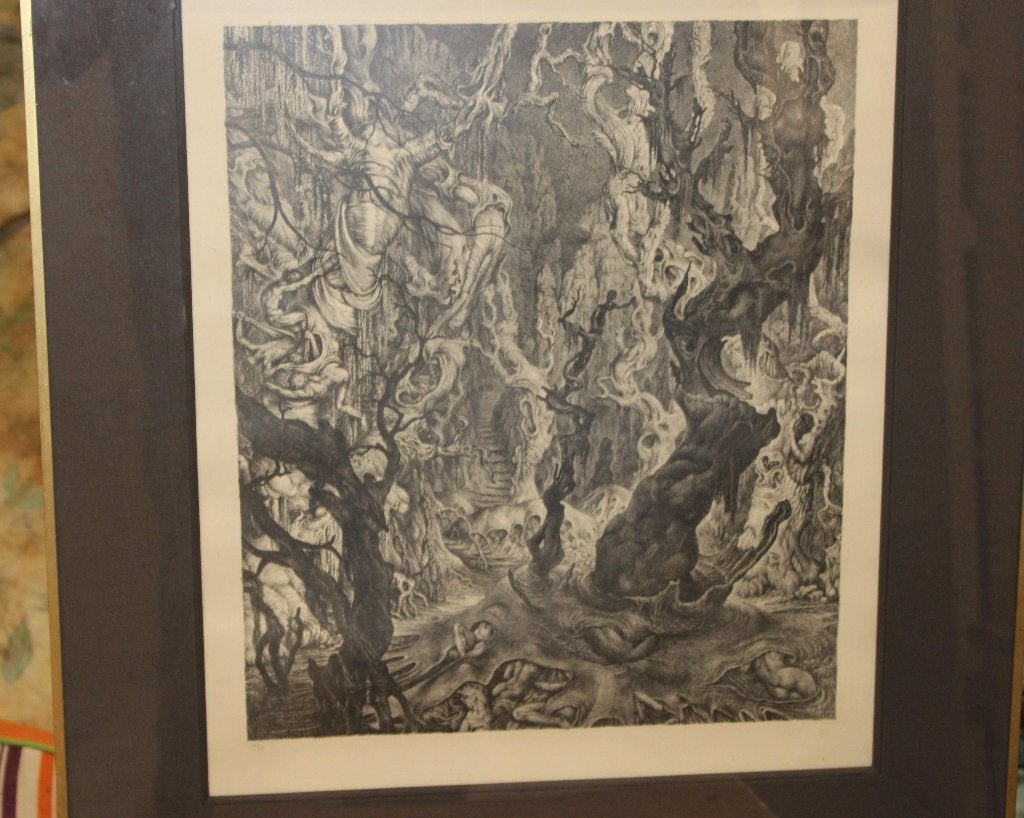No 21 Gedetailleerde Gravure: Fantasiewereld met Figuren, Antiek en Kunst, Personages en Fantasiefiguren, Verzenden, Gravure, Gesigneerd