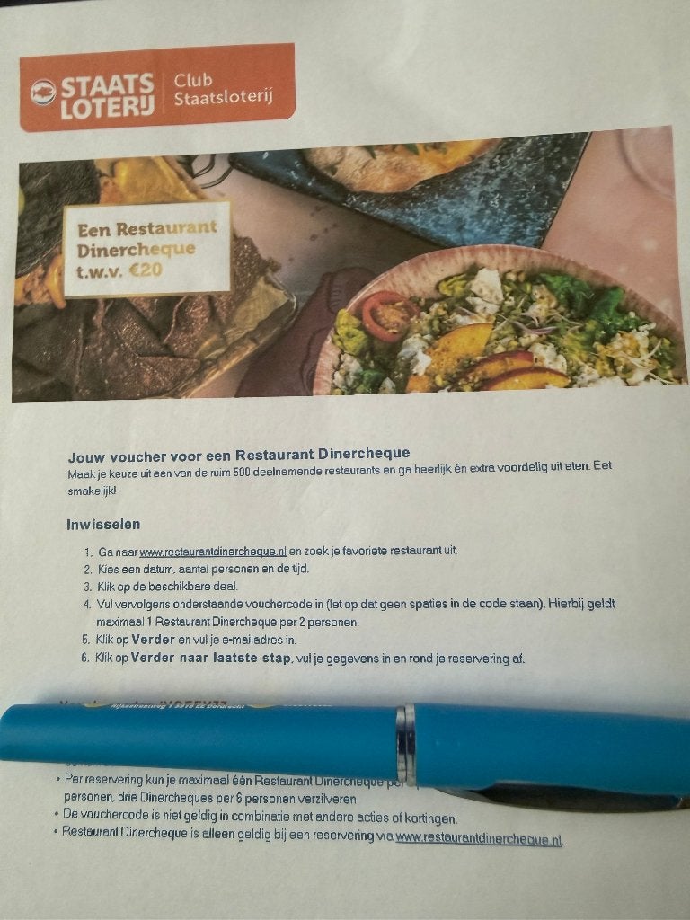 staatsloterij dinercheque, Twee personen, Kortingsbon, Overige typen