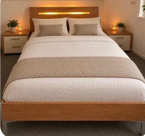 Twijfelaar met nachtkastjes, Huis en Inrichting, Ophalen, Gebruikt, Bruin, 140 cm