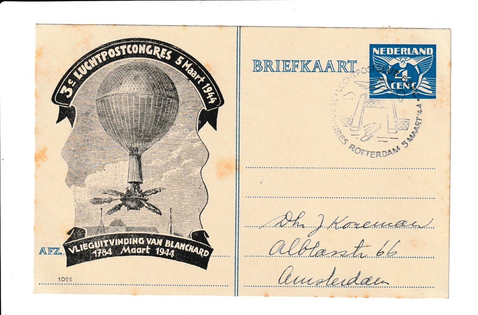 Briefkaart 3e Luchtpostcongres Rotterdam 1944, Postzegels en Munten, Ophalen of Verzenden, Briefkaart