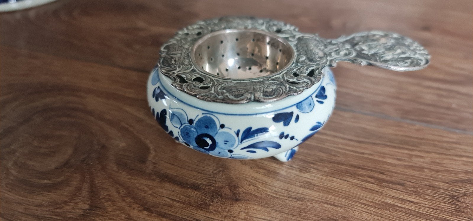 Antieke Zilveren Theezeef met Delfts Blauw Kommetje, Ophalen of Verzenden, Zilver