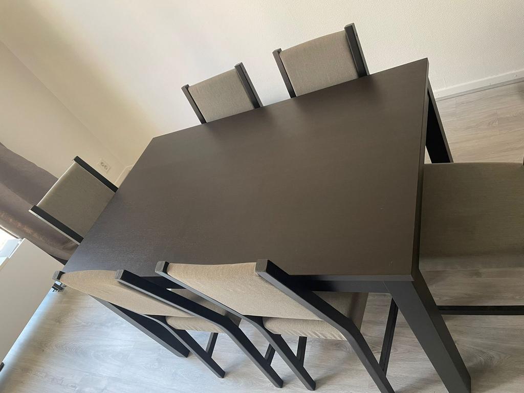 eettafel met 6 stoelen - Donkerbruin, Ophalen, Gebruikt, 50 tot 100 cm, 150 tot 200 cm