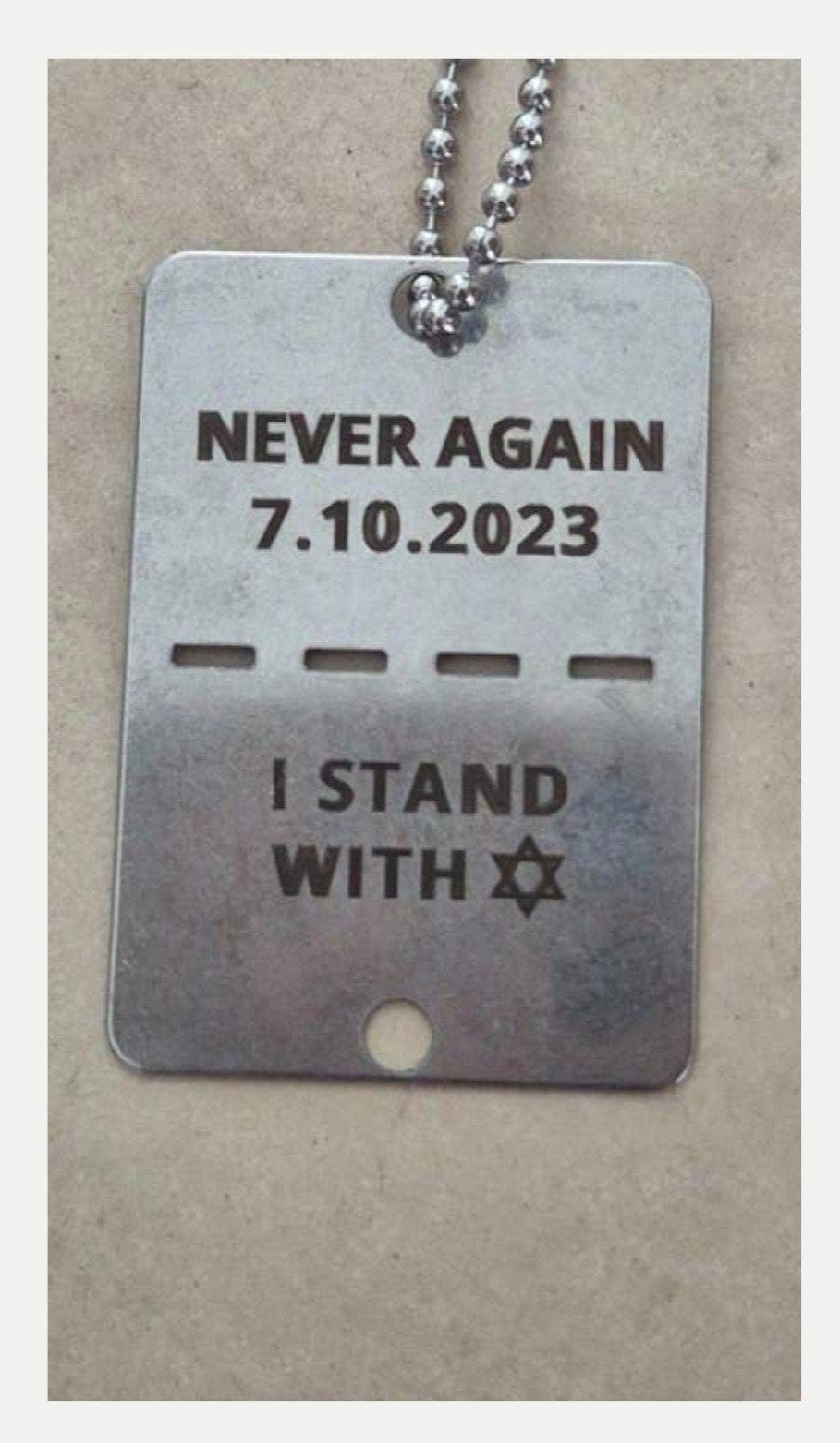 Dog Tag Ketting 'Never Again 7.10.2023 I Stand With', Met hanger, Nieuw, Ophalen of Verzenden, Steen of Mineraal