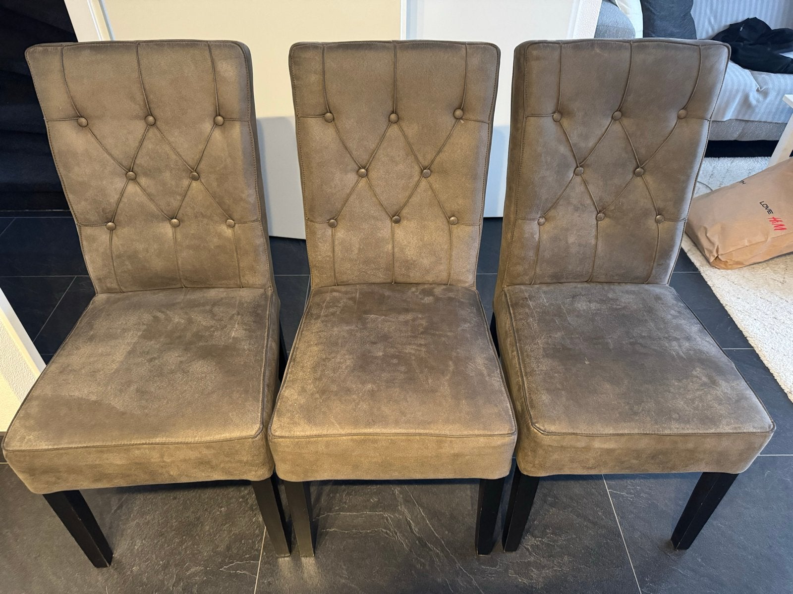 3 stoelen en bijpassende eetbank, Ophalen, Gebruikt, Bruin, Vier