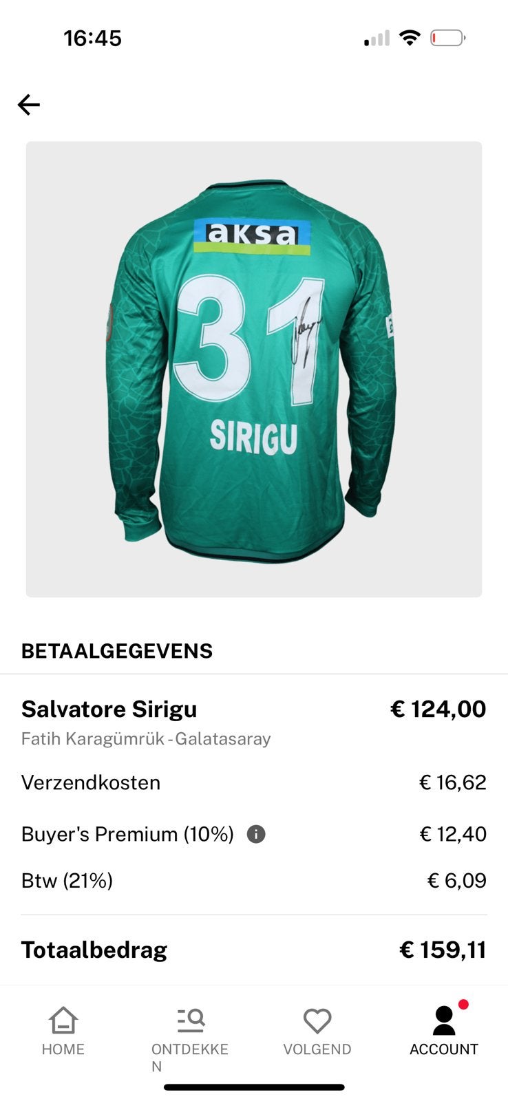 Matchworn shirt Sirigu Fatih Karagumruk, Ophalen of Verzenden, Zo goed als nieuw, Buitenlandse clubs, Shirt