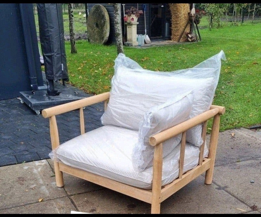 1 METER BREDE ACACIA HOUTEN LOUNGESTOEL MET  DIKKE KUSSENS, Ophalen, Bruin, Nieuw, Eén