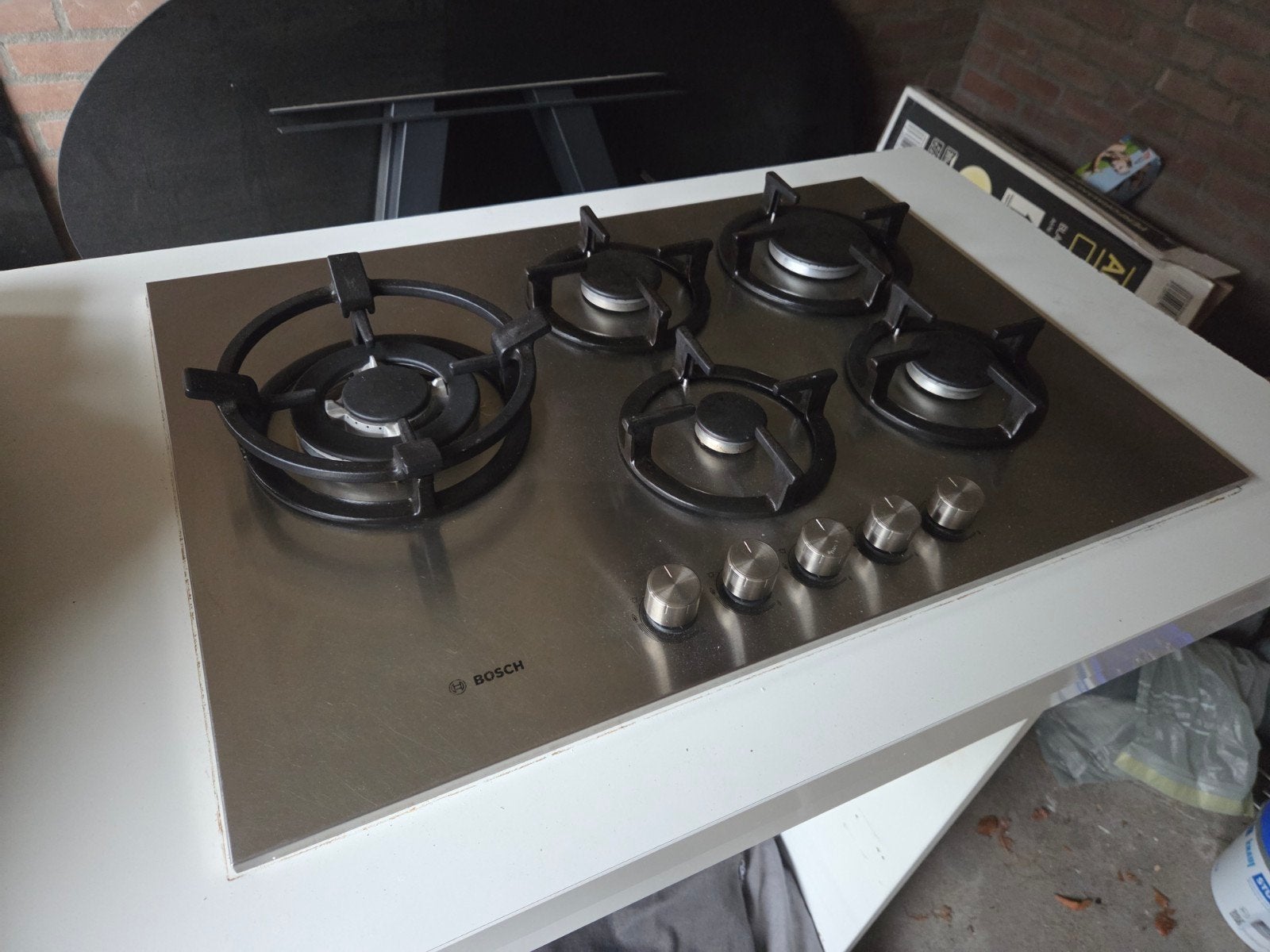 Bosch 5-pits RVS Gaskookplaat (75 cm) met Wokbrander, Ophalen, Zo goed als nieuw, Inbouw, Gas