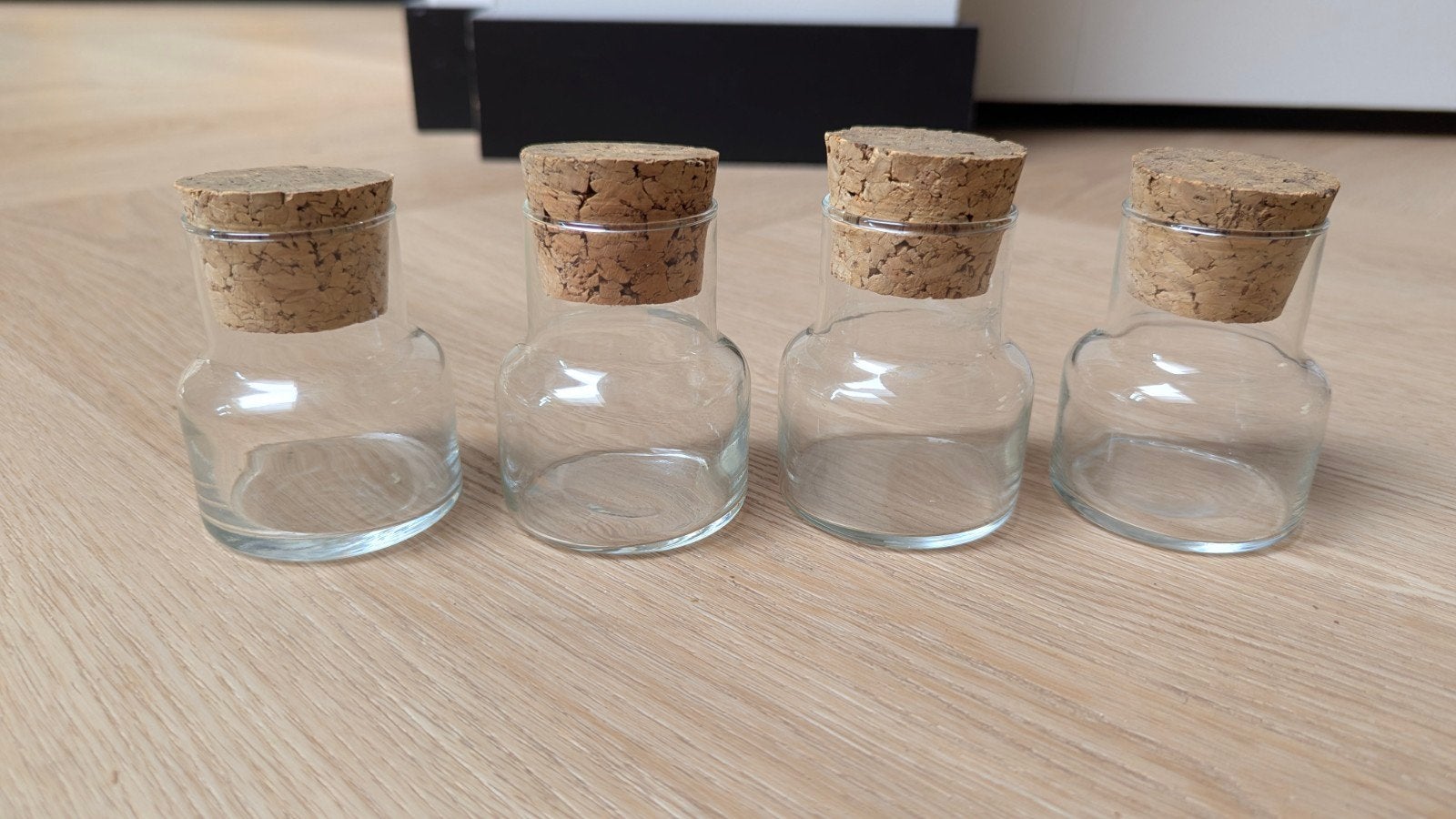 Glazen potjes met kurk, Gebruikt, Overige kleuren, Ophalen of Verzenden, Glas