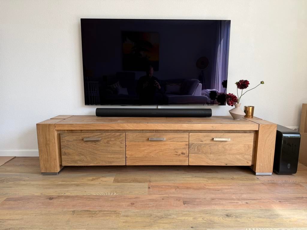 Tv meubel massief hout met lades 200x45x45 cm, Ophalen, Gebruikt, 200 cm of meer, Minder dan 100 cm