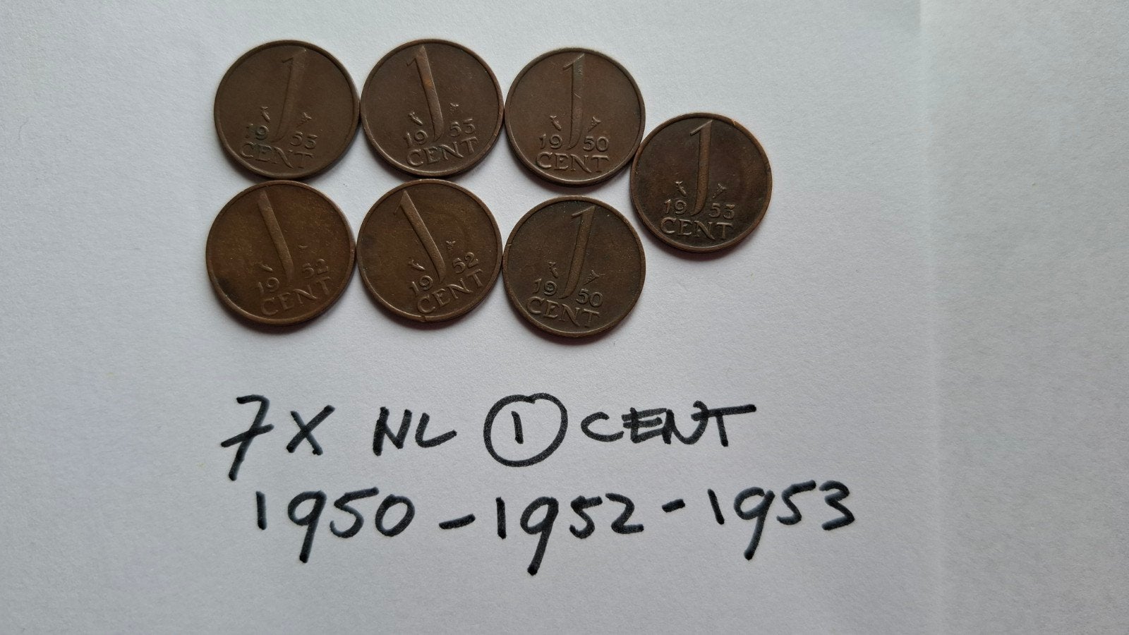 Oude munten: 7x Nederland 1 cent - 1950 1952 1953, Ophalen of Verzenden